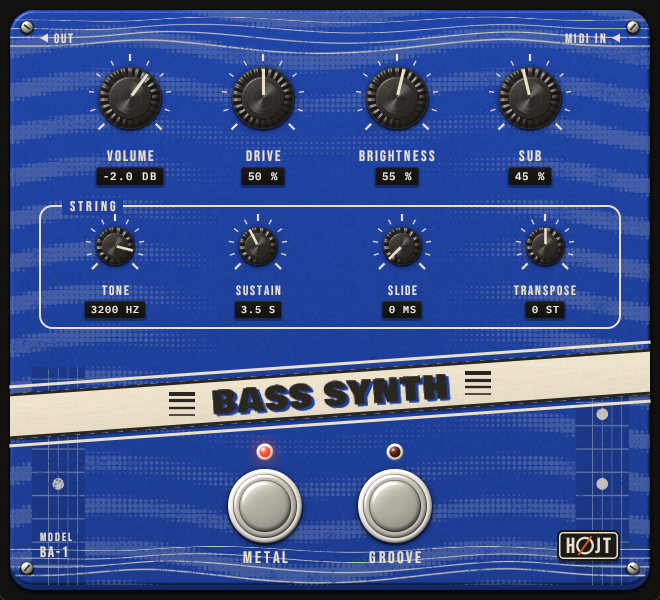 The Bass Synth window: a cobalt blue pedal with eight knobs and a footswitch for each of the two voices, Metal and Groove