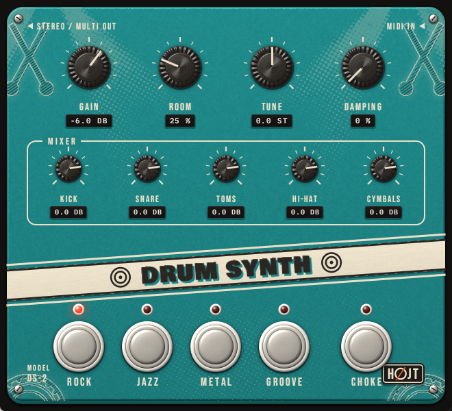 The Drum Synth window: a teal pedal with nine knobs, a footswitch for each of the four kits and one for Choke