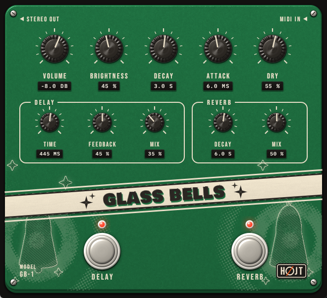 The Glass Bells window: a pine green pedal with two bells printed on it, ten knobs and footswitches for Delay and Reverb