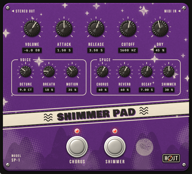 The Shimmer Pad window: a plum pedal scattered with stars, with twelve knobs and footswitches for Chorus and Shimmer