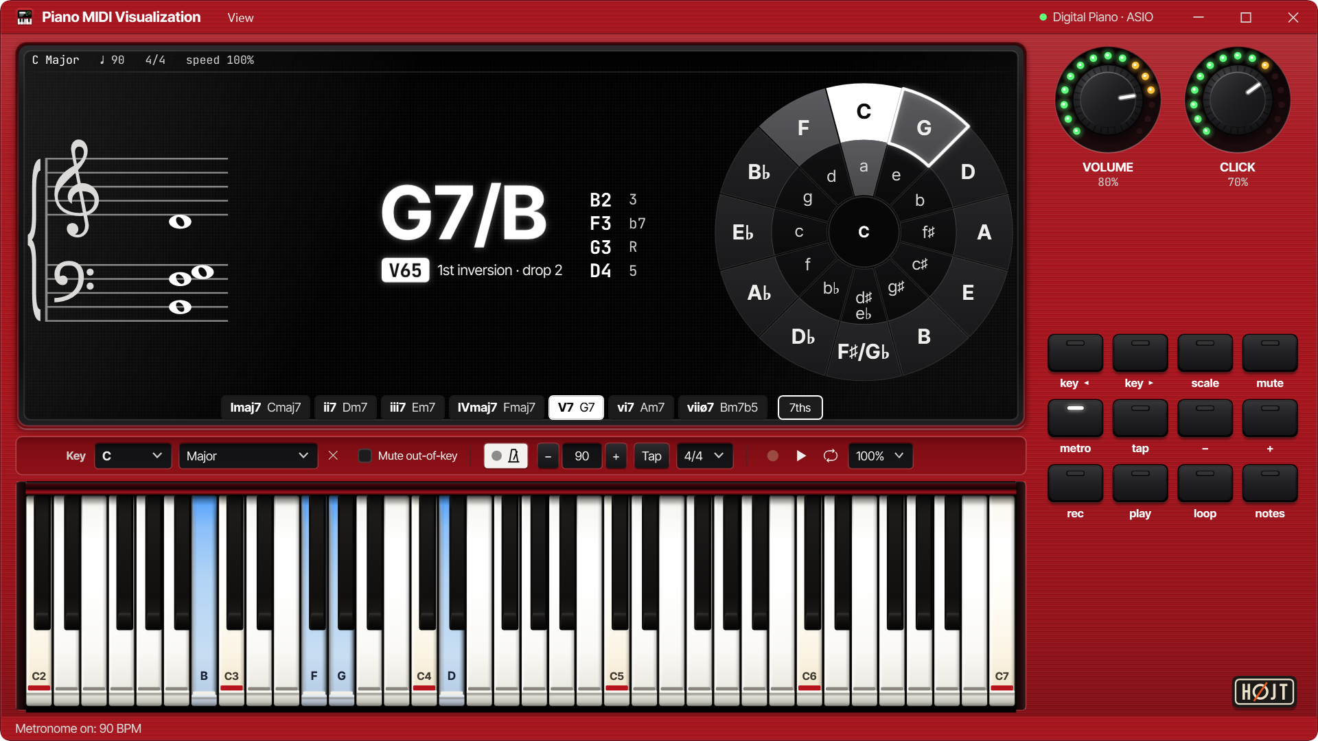 Piano MIDI Visualization main window in C major holding G7/B (V65, 1st inversion, drop 2) on a full-width recessed OLED display above a 61-key keyboard with scale lip markers and a right-hand hardware control panel.
