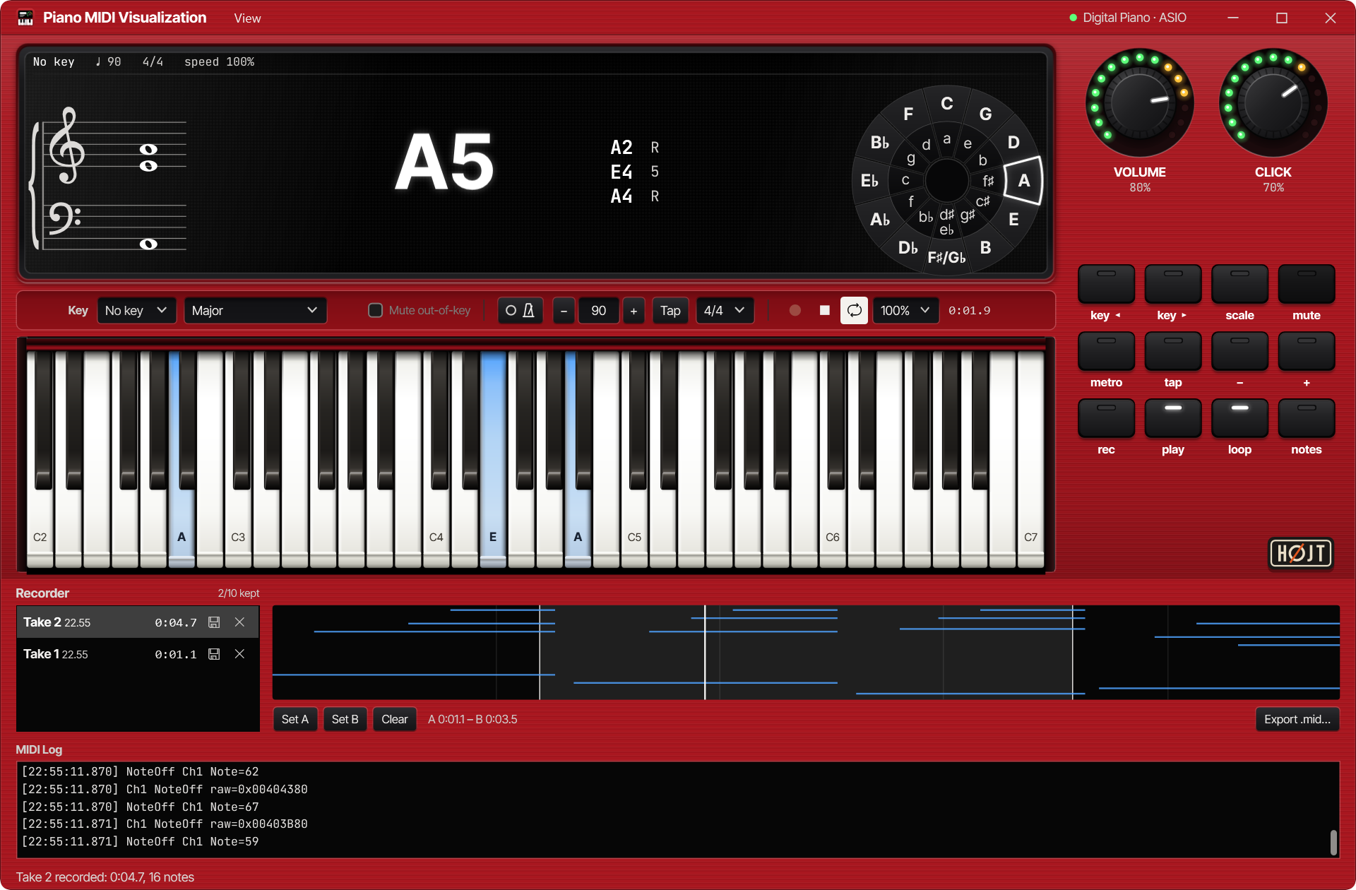Recorder and MIDI log showing Take 2 playing back in an A-B loop