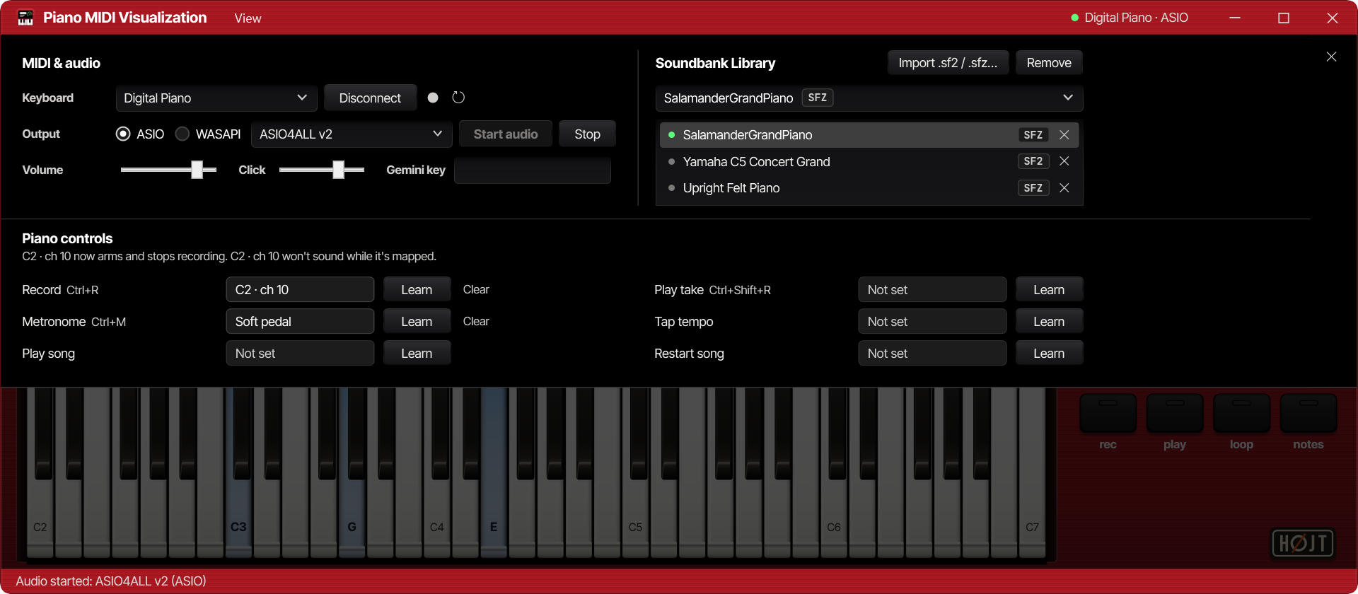 Settings overlay showing managed Soundbank Library, ASIO output, and learned piano controls