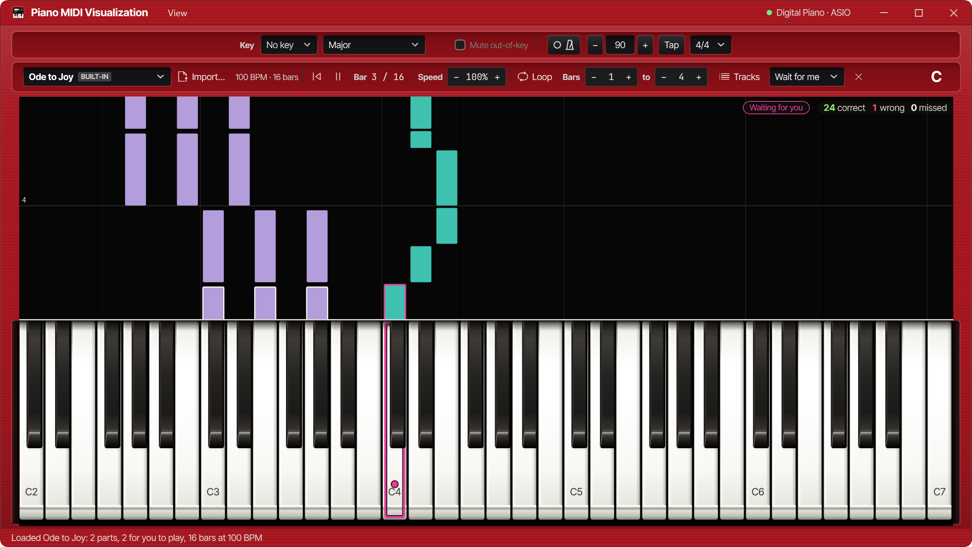 Song practice mode with built-in Song Bank and falling notes for Ode to Joy